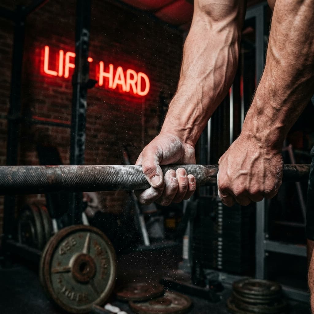 Chalked hands gripping a heavy steel barbell